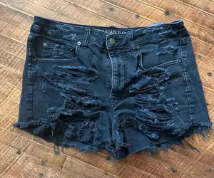 American Eagle black cutoff hi-rise size 12 festival denim shorts thumbnail 1