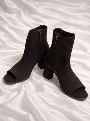 Black Ribbed Sock Ankle Booties with Block Heel thumbnail 2