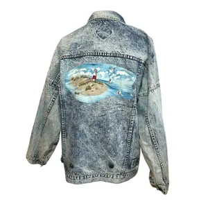 VTG 90s Ocean Denim Acid Wash Lighthouse Jacket Scenic Art Oversized XL thumbnail 2