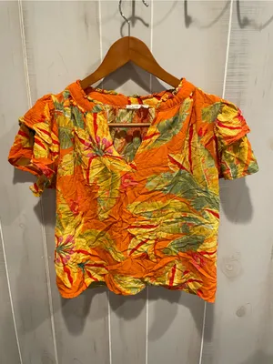 Cute orange creamsicle tropical ruffle sleeve crop top Haute Hippie thumbnail 5