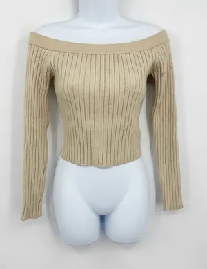 Aerie Cropped Off The Shoulder Sweater Top Size Medium Boho Ribbed Knit thumbnail 1