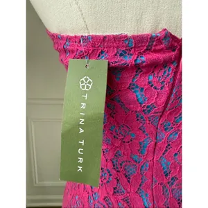 NWT Trina Turk Strapless Bodycon Mini Dress Hot Pink Lace Turquoise Lining Dress thumbnail 6