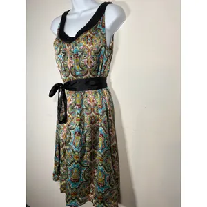 LulaKate Paisley Silk Dress Multicolor Satin Trim Belted Cocktail Boho Size 10 thumbnail 2