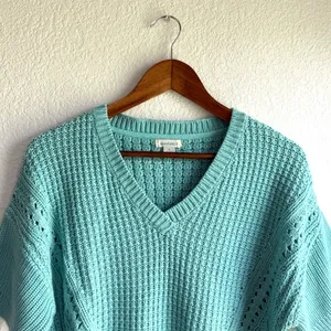 Sundance Womens Sweater Blue Green Chunky Knit Short Sleeve V Neck Size Small thumbnail 3