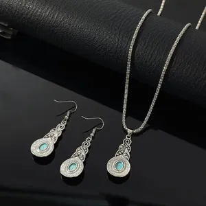 Set 3 pc Vintage Style Blue Crystal Inlaid Turquoise Pendant With Lantern Chain thumbnail 2