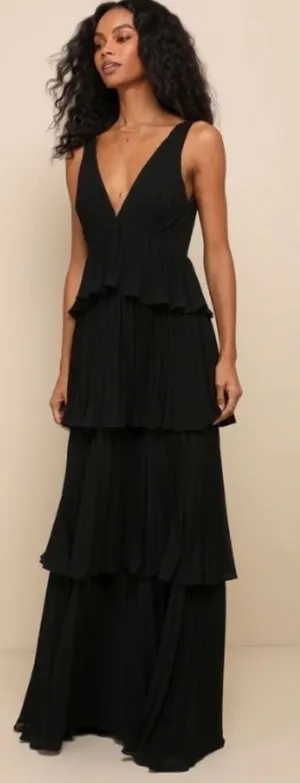 LULU's Prom Wedding Bridesmaid Pleated Tiered Ruffles Black Maxi Dress thumbnail 1