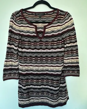 White House Black Market Striped Keyhole Knit Tunic Sweater Maroon Black Size M thumbnail 1