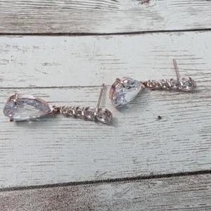 Dangle Earrings For Pierced Ears - Rose Gold Tone & Clear Gems thumbnail 4