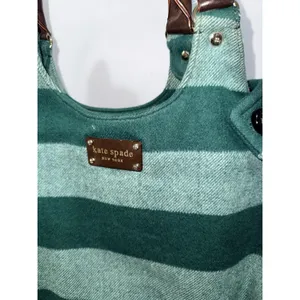 Kate Spade Wool Satchel Top Leather Handle Bag Medium‎ Green Striped 18x14" F thumbnail 2