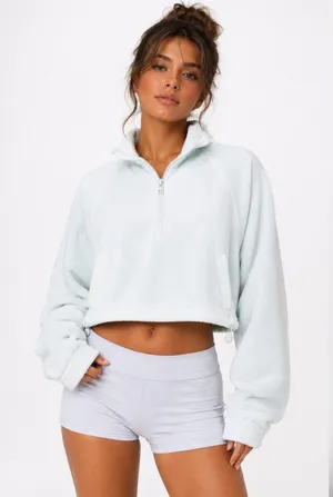 BP soft blue half zip pullover cropped warm and cozy adjustable hem fleece NWT S thumbnail 1