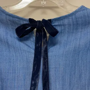 Crown & Ivy denim top with velvet floral appliqué accents & tie size M thumbnail 6