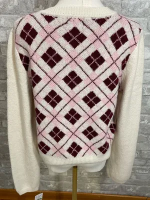Dry Goods Major Label Cream V-Neck Sweater with Pink & Burgundy Argyle thumbnail 3