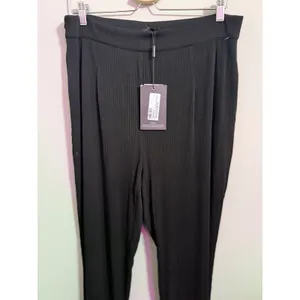 PRETTYLITTLETHING Black Ribbed Wide‎ Leg Palazzo Pants Elastic Waist Split Hem thumbnail 3