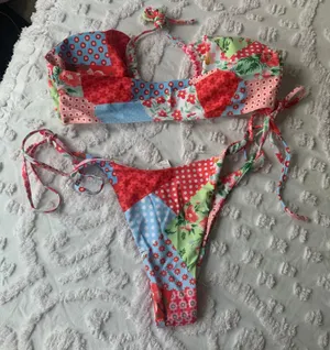 Amazon Women’s Small  Strawberry Shortcake Patchwork Bandeau Bikini Set thumbnail 6
