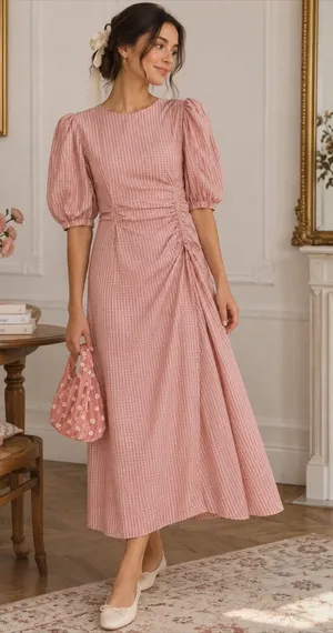 Zara Gathered Waist Puff Sleeve Pink Plaid Midi Dress S Style 4786/056 thumbnail 1