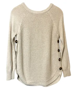 RD Style Knit Cotton Blend Cream Buttons Crew Neck Pullover Sweater Medium thumbnail 1