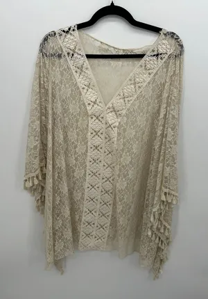Cream Floral Lace Kimono Cover Up V-Neck Crochet‎ Tassel Fringe Plus Size Boho thumbnail 1