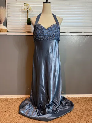 Dave & Johnny Size 12 Blue Satin Beaded Halter Formal Gown Y2K Prom Dress thumbnail 4