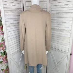 Boho‎ Fringe Hem Waterfall Cardigan Knit Khaki Tan Small Open Front Long Sleeve thumbnail 4