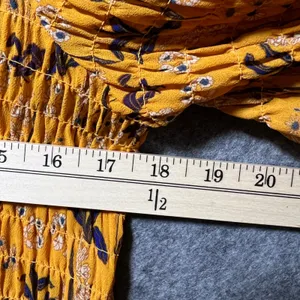 Rose + Olive‎ Mustard Yellow Floral Smocked Peplum Sheer Blouse Long Sleeve M thumbnail 6