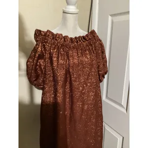 Sézane Editions Metallic Copper Off Shoulder Puff Sleeve Dress Rust Orange EU 38 thumbnail 3