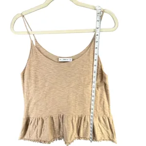 Zara Knit Peplum Camisole Top Women M Tan‎ Fringe Hem Spaghetti Strap Boho Chic thumbnail 6