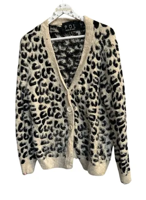POL Women's Size large Cardigan Leopard Animal Print Eyelash‎ Fuzzy Sweater thumbnail 1