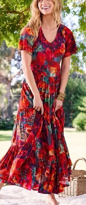 Soft Surroundings Printemps Maxi Dress Multicolor Floral Tiered Boho V-Neck M thumbnail 1