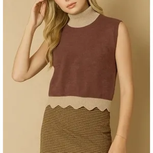 NWT Cream‎ Sleeveless Colorblock Scalloped Hem Cozy Sweater L Mock Neck thumbnail 1
