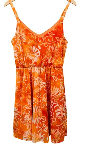 Maurice's Orange Floral Sunburst Dress V-Neck Spaghetti Strap Beach Mini Sundress- M thumbnail 1