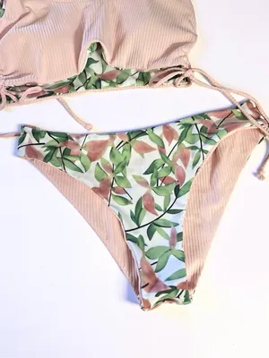 CUPSHE Reversible Ribbed Bikini Set Size S Peach & Leaf Print thumbnail 5