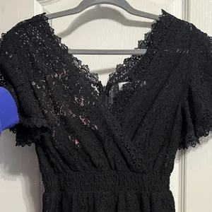 💖 Black Sheer Lace Cropped Ruffle‎ Jumpsuit Romper Whimsigoth Gothic Romantic thumbnail 6