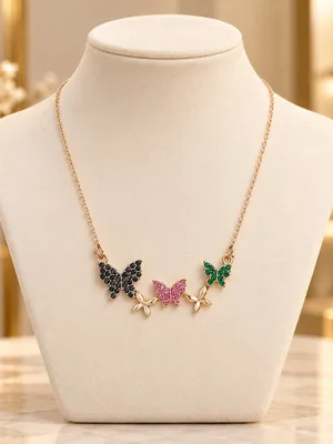 18K Gold Layered Multicolor Crystal Butterfly Pendant Necklace NWT thumbnail 1