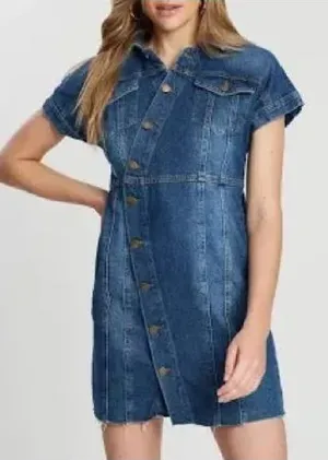 Free People Denim Button-Front Shift Dress in Blue thumbnail 1