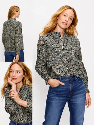 LOFT Pintucked Ruffle Mock Neck Floral Blouse Medium Black Green Cotton Boho Top thumbnail 2
