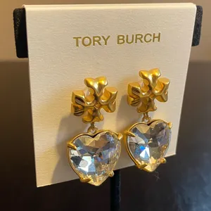 Tory Burch Kira Crystal faceted heart drops hanging from TB logo studs thumbnail 3