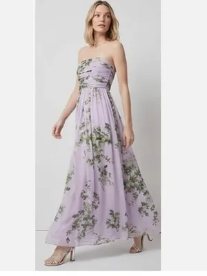 New $220 White House Black Market Floral Lilac Strapless Chiffon Maxi Dress thumbnail 2