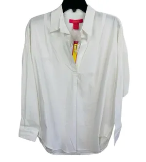 CATHERINE MALANDRINO Womens Size L Classic White Collared V Neck Long Sleeve Top thumbnail 1