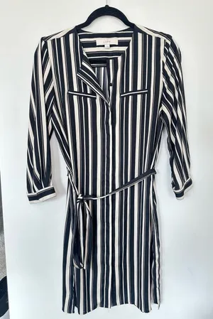 LOFT Black and White Striped Long Sleeve Midi Shirt Dress with Belt thumbnail 1