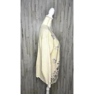 Vintage 80s Crystal Kobe Floral Embroidered‎ Knit Cardigan Beige Women's Medium thumbnail 3