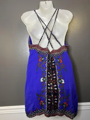 Ecote Dress Womens Large Blue Floral Criss Cross Back Slip Sundress Strappy Boho thumbnail 5