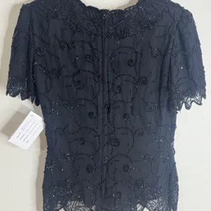 Laurence Kazar Beaded Silk Blouse Womens Small Black Short Sleeve Evening Top thumbnail 11