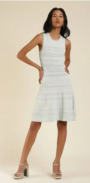 Lauren Ralph Lauren Silver Metallic Knit Pointelle Fit & Flare Festive Dress L thumbnail 1