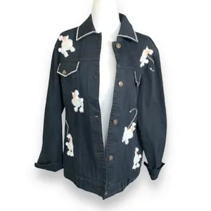 Vintage Y2K Quacker Factory Black Denim Jacket‎ White Poodle Embroidered Dog thumbnail 4