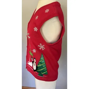 VTG Christmas Sweater Vest Bechamel Sz Small Red Penguins Snowflakes Embroidered thumbnail 5