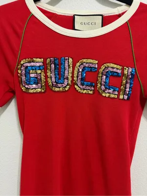 Gucci (COA) Red Sequin Tee Top with Multicolor Sequin Logo thumbnail 2