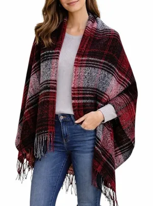 Plaid Blanket Scarf Shawl Wrap Red Black Gray Fringe Winter Poncho Oversized thumbnail 1