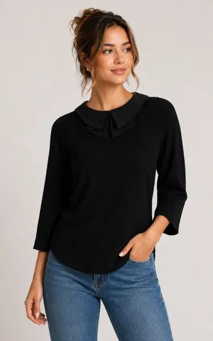 Marcs Black Textured Blouse Silk Peter Pan Collar Long Sleeve Workwear Top M thumbnail 1