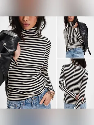 NWOT Free People We The Free Good Good Stripe Turtleneck- black ivory combo - XS thumbnail 2