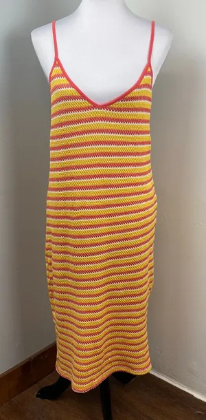 Zara Striped Crochet Knit Midi Dress Medium thumbnail 1